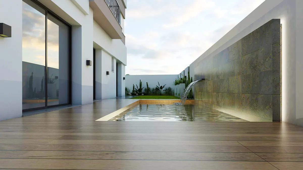 Jardin avec piscine d'un appartement du RDC de la résidence EDEN